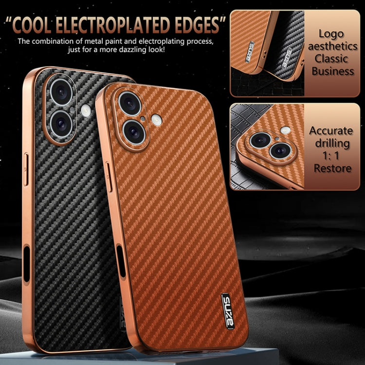 For iPhone 16 AZNS Electroplated Edge Carbon Fiber Texture Phone Case(Black) - iPhone 16 Cases by AZNS | Online Shopping UK | buy2fix