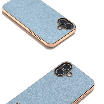 For iPhone 16 Plus ABEEL Genuine Leather Mino Series Nano Plating Phone Case(Blue) - iPhone 16 Plus Cases by buy2fix | Online Shopping UK | buy2fix