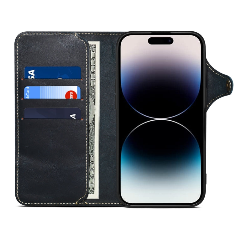 For iPhone 16 Pro Denior B01 Oil Wax Cowhide Magnetic Button Genuine Leather Case(Blue) - iPhone 16 Pro Cases by Denior | Online Shopping UK | buy2fix