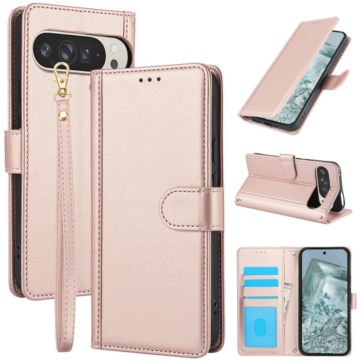 For Google Pixel 9 Pro XL Skin Feel Pure Color Card Slots Leather Phone Case with Dual Lanyard(Rose Gold) - Google Cases by buy2fix | Online Shopping UK | buy2fix