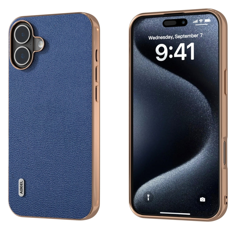 For iPhone 16 Plus ABEEL Electroplating Frame Genuine Leather Luolai Series Phone Case(Dark Blue) - iPhone 16 Plus Cases by buy2fix | Online Shopping UK | buy2fix