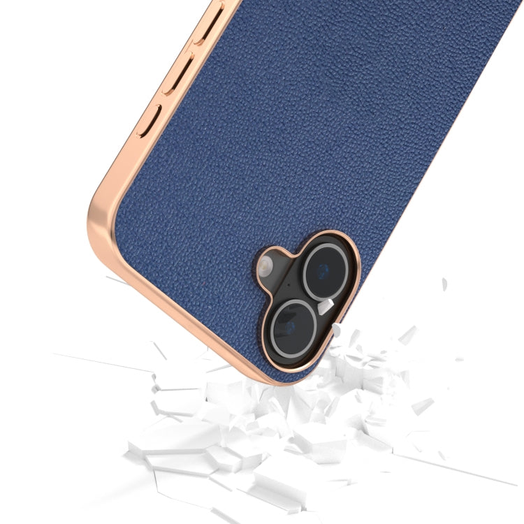 For iPhone 16 Plus ABEEL Electroplating Frame Genuine Leather Luolai Series Phone Case(Dark Blue) - iPhone 16 Plus Cases by buy2fix | Online Shopping UK | buy2fix