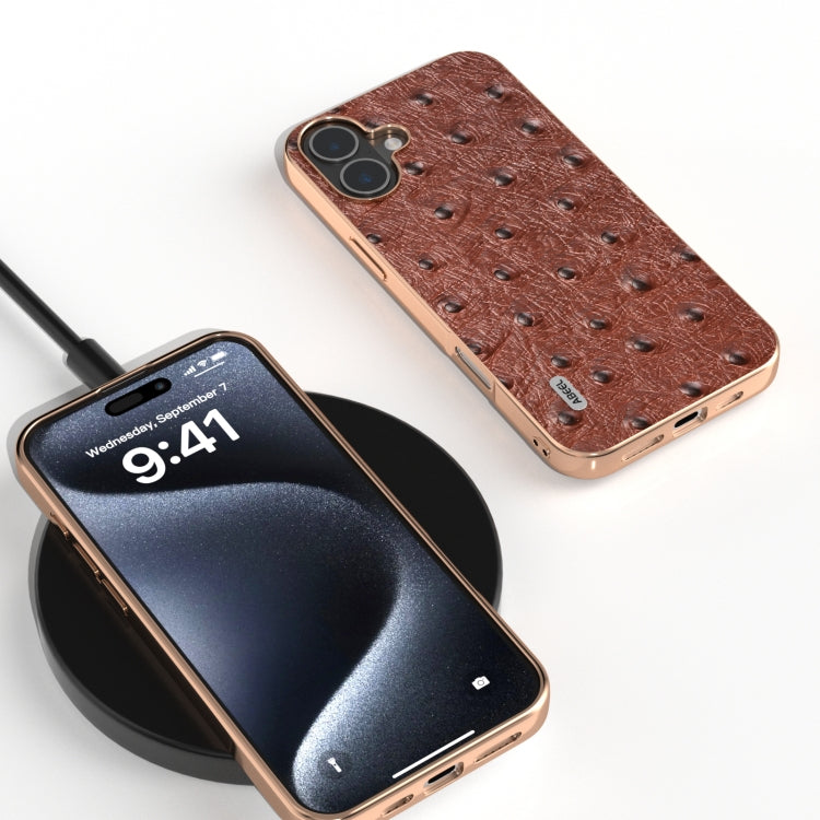 For iPhone 16 Plus ABEEL Electroplating Frame Genuine Leather Ostrich Texture Phone Case(Coffee) - iPhone 16 Plus Cases by buy2fix | Online Shopping UK | buy2fix