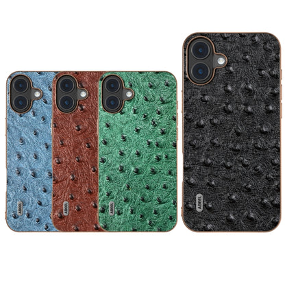 For iPhone 16 ABEEL Electroplating Frame Genuine Leather Ostrich Texture Phone Case(Coffee) - iPhone 16 Cases by buy2fix | Online Shopping UK | buy2fix