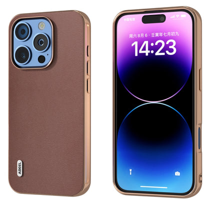 For iPhone 16 Pro Max ABEEL Electroplating Frame Genuine Leather Xiaoya Series Phone Case(Coffee) - iPhone 16 Pro Max Cases by buy2fix | Online Shopping UK | buy2fix