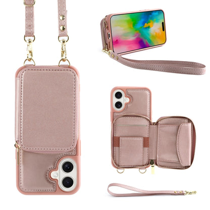 For iPhone 16 Plus Crossbody Zipper Wallet Bag Leather Phone Case with Lanyard(Rose Gold) - iPhone 16 Plus Cases by buy2fix | Online Shopping UK | buy2fix