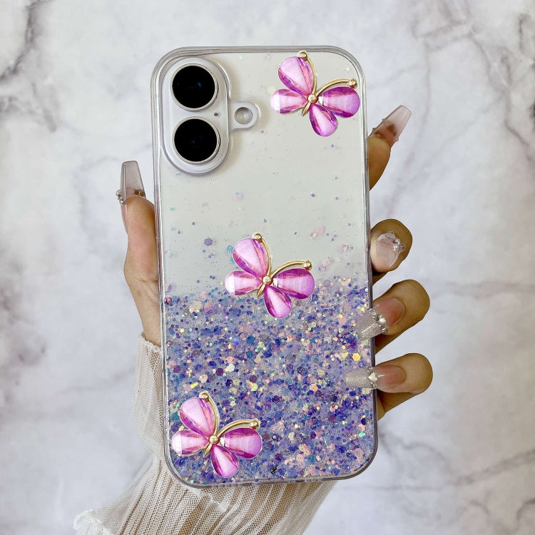 For iPhone 16 Plus Luminous Starry Sky Glitter Butterfly TPU Phone Case(Purple) - iPhone 16 Plus Cases by buy2fix | Online Shopping UK | buy2fix