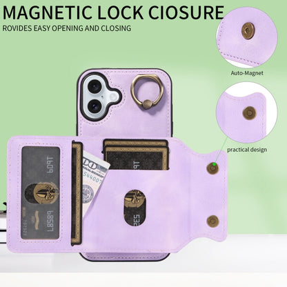 For iPhone 16 Plus Skin Feel Card Bag Phone Case with Ring Buckle(Purple) - iPhone 16 Plus Cases by buy2fix | Online Shopping UK | buy2fix