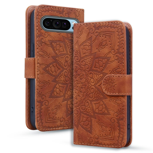 For Google Pixel 9 Pro XL Mandala Embossed Dual-Fold Calf Leather Phone Case(Brown) - Google Cases by buy2fix | Online Shopping UK | buy2fix