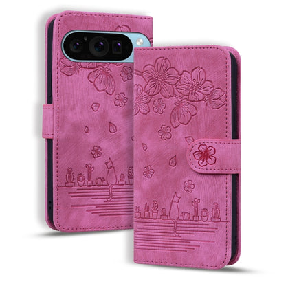 For Google Pixel 9 / 9 Pro Cartoon Sakura Cat Embossed Leather Phone Case(Rose Red) - Google Cases by buy2fix | Online Shopping UK | buy2fix