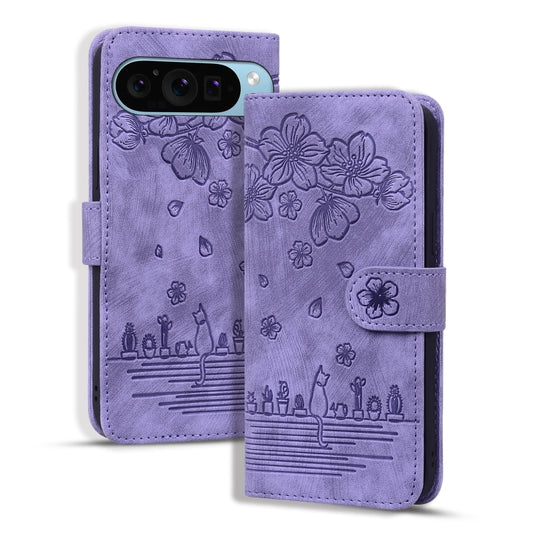 For Google Pixel 9 / 9 Pro Cartoon Sakura Cat Embossed Leather Phone Case(Purple) - Google Cases by buy2fix | Online Shopping UK | buy2fix