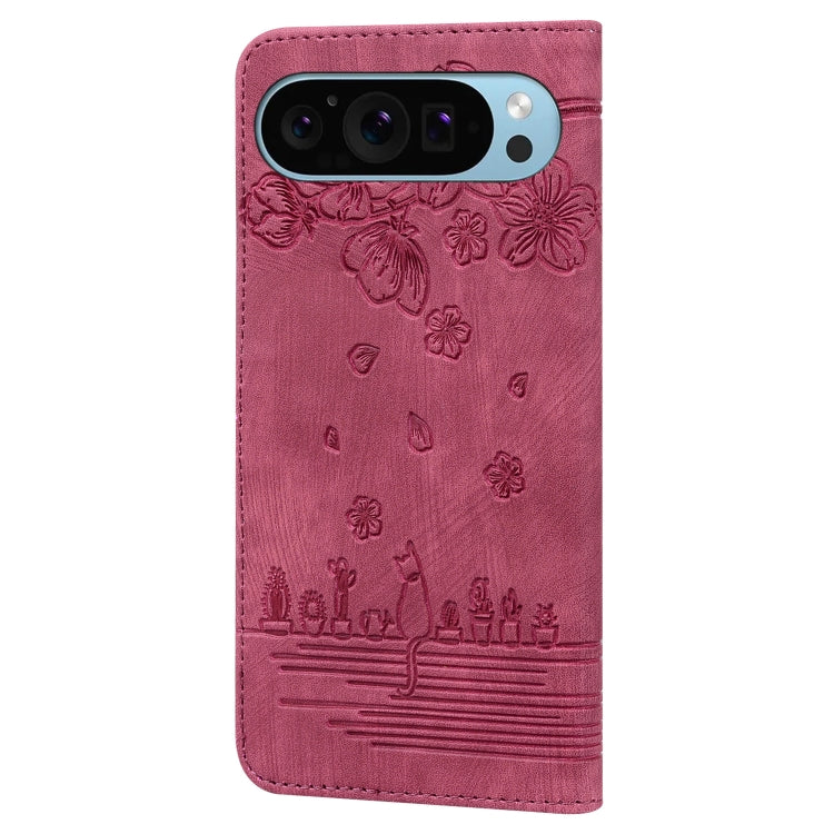 For Google Pixel 9 / 9 Pro Cartoon Sakura Cat Embossed Leather Phone Case(Red) - Google Cases by buy2fix | Online Shopping UK | buy2fix