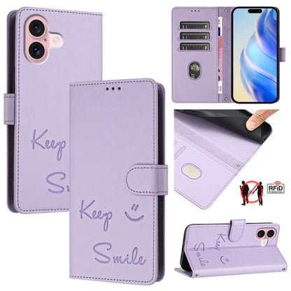 For iPhone 16 Smile Embossing RFID Leather Phone Case(Light Purple) - iPhone 16 Cases by buy2fix | Online Shopping UK | buy2fix