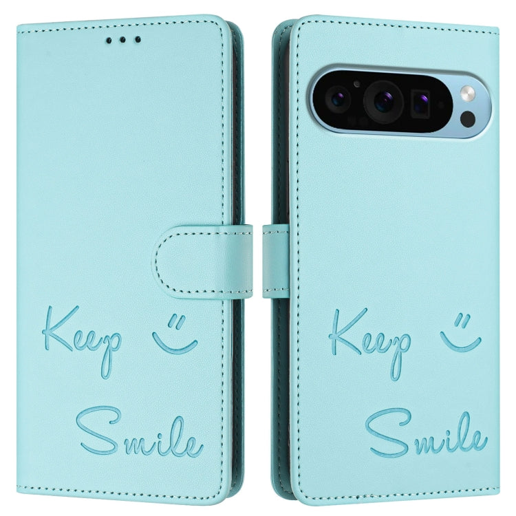 For Google Pixel 9 Pro XL Smile Embossing RFID Leather Phone Case(Mint Green) - Google Cases by buy2fix | Online Shopping UK | buy2fix