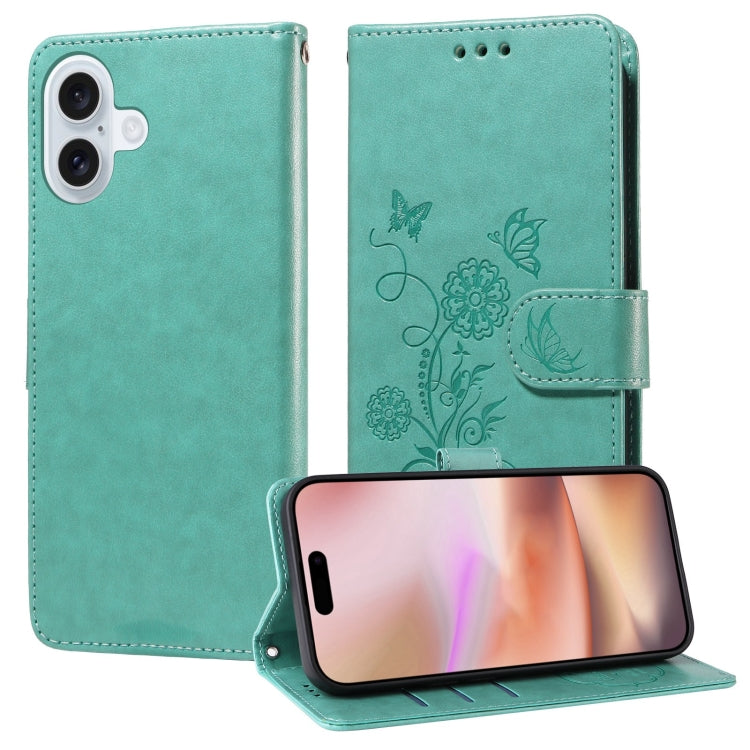 For iPhone 16 Embossed Butterfly Flowers Leather Phone Case(Green) - iPhone 16 Cases by buy2fix | Online Shopping UK | buy2fix