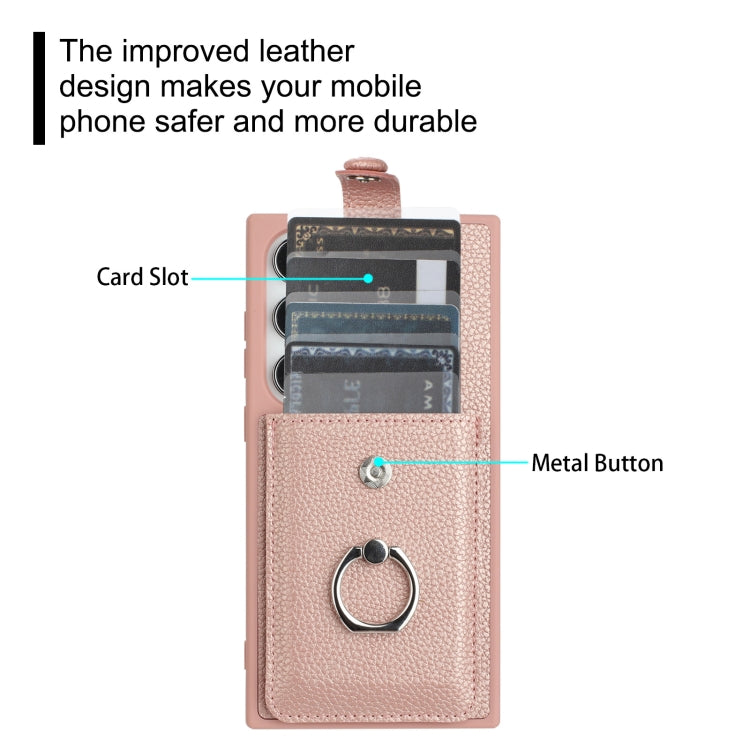 For Samsung Galaxy S25 Ultra 5G Litchi Texture Drawing Card Bag Ring Holder Phone Case(Rose Gold) - Galaxy S25 Ultra 5G Cases by buy2fix | Online Shopping UK | buy2fix