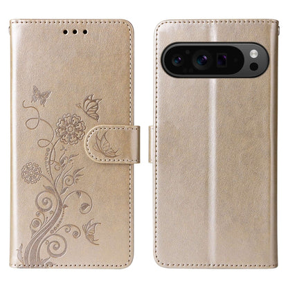 For Google Pixel 9 Pro XL Embossed Butterfly Flowers Leather Phone Case(Gold) - Google Cases by buy2fix | Online Shopping UK | buy2fix