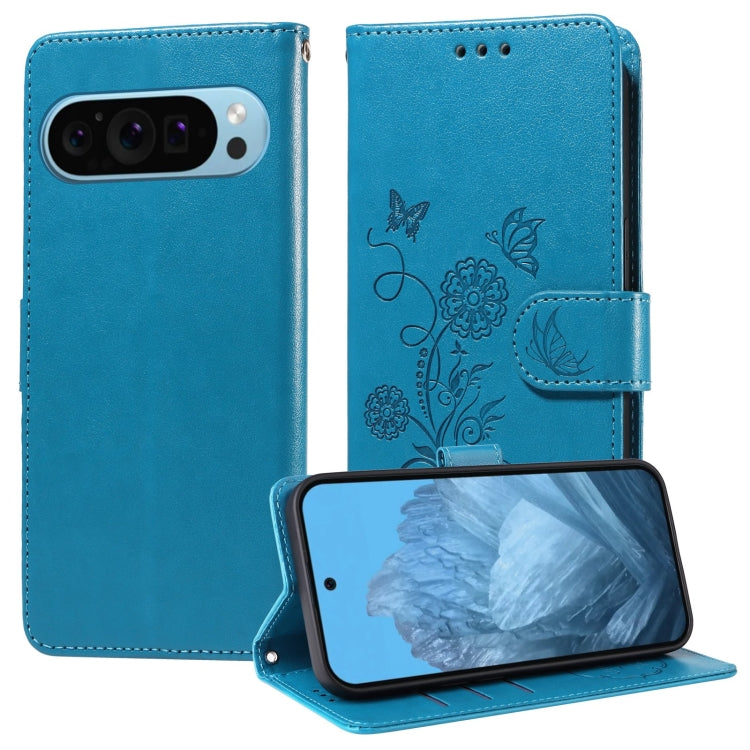 For Google Pixel 9 / 9 Pro Embossed Butterfly Flowers Leather Phone Case(Blue) - Google Cases by buy2fix | Online Shopping UK | buy2fix