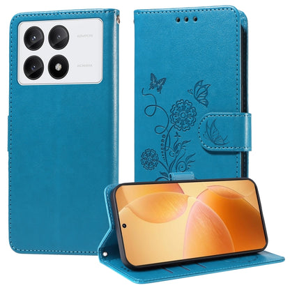 For Redmi K70 / K70 Pro Embossed Butterfly Flowers Leather Phone Case(Blue) - K70 Cases by buy2fix | Online Shopping UK | buy2fix