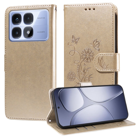 For Redmi K70 Ultra Embossed Butterfly Flowers Leather Phone Case(Gold) - Xiaomi Cases by buy2fix | Online Shopping UK | buy2fix