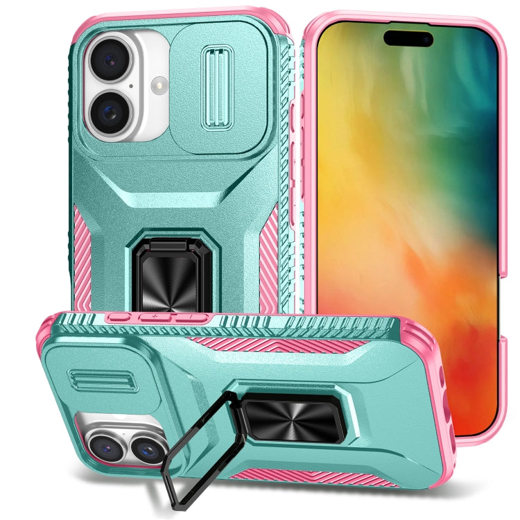 For iPhone 16 Sliding Camshield Holder Phone Case(Grey Green + Pink) - iPhone 16 Cases by buy2fix | Online Shopping UK | buy2fix