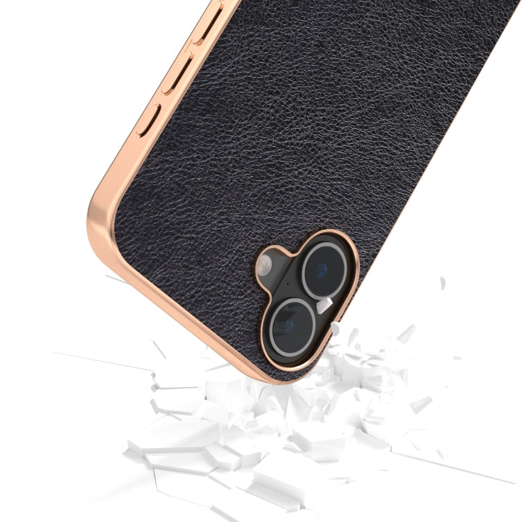 For iPhone 16 Plus Nano Electroplating Dual Color Lichi Texture PU Phone Case(Black) - iPhone 16 Plus Cases by buy2fix | Online Shopping UK | buy2fix