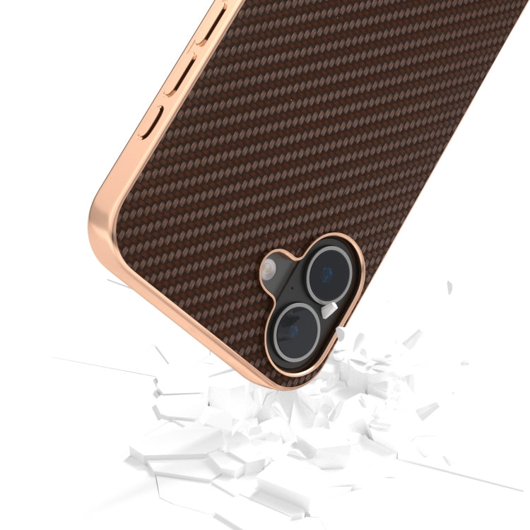 For iPhone 16 Nano Electroplating Carbon Fiber Texture Phone Case(Dark Brown) - iPhone 16 Cases by buy2fix | Online Shopping UK | buy2fix