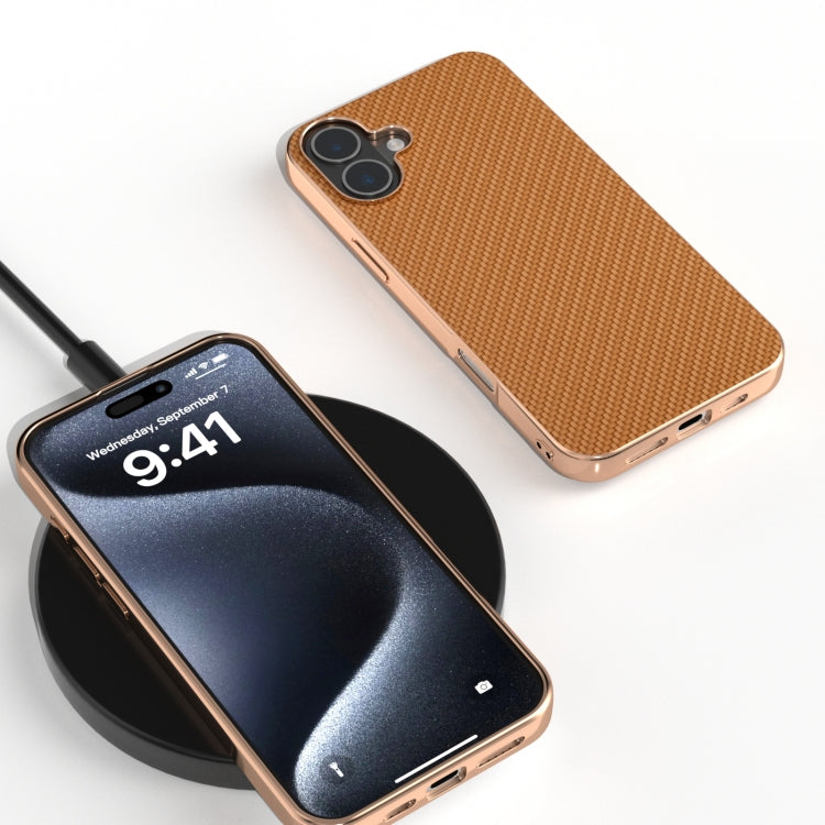 For iPhone 16 Nano Electroplating Carbon Fiber Texture Phone Case(Brown) - iPhone 16 Cases by buy2fix | Online Shopping UK | buy2fix