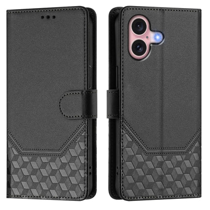 For iPhone 16 Honeycomb Embossing RFID Leather Phone Case(Black) - iPhone 16 Cases by buy2fix | Online Shopping UK | buy2fix