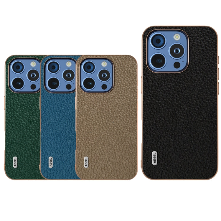 For iPhone 16 Pro ABEEL Electroplating Frame Genuine Leather Litchi Texture Phone Case(Blue) - iPhone 16 Pro Cases by buy2fix | Online Shopping UK | buy2fix