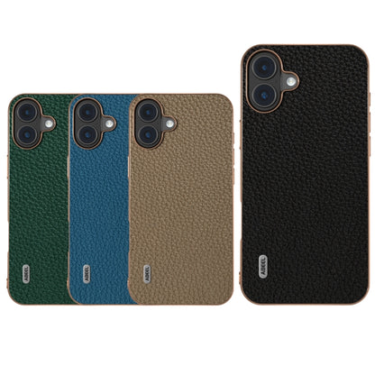 For iPhone 16 ABEEL Electroplating Frame Genuine Leather Litchi Texture Phone Case(Green) - iPhone 16 Cases by buy2fix | Online Shopping UK | buy2fix