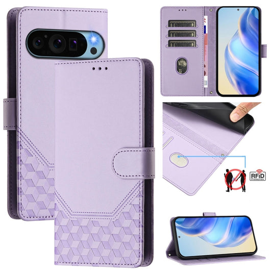 For Google Pixel 9 Pro XL Honeycomb Embossing RFID Leather Phone Case(Light Purple) - Google Cases by buy2fix | Online Shopping UK | buy2fix