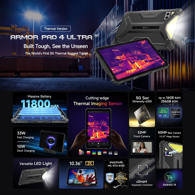 [HK Warehouse] Ulefone Armor Pad 4 Ultra Thermal Version Rugged Tablet, 8GB+256GB, 10.36 inch Android 14 MediaTek Dimensity 6300 Octa Core 5G Network, EU Plug(Black) - Other by Ulefone | Online Shopping UK | buy2fix