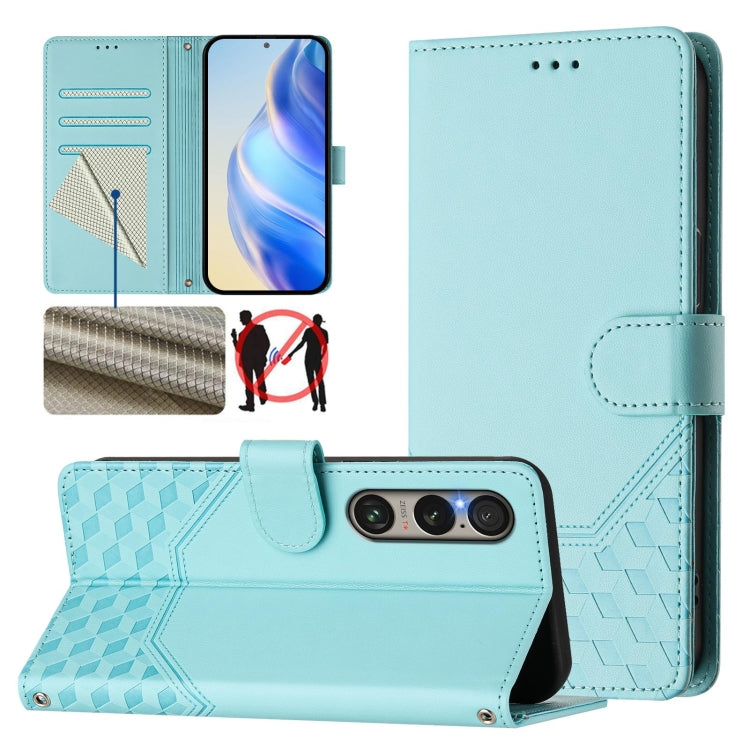 For Sony Xperia 1 VI 2024 Honeycomb Embossing RFID Leather Phone Case(Mint Green) - Sony Cases by buy2fix | Online Shopping UK | buy2fix