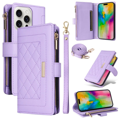 For iPhone 16 Pro Max Crossbody Zipper Wallet Rhombus Leather Phone Case(Purple) - iPhone 16 Pro Max Cases by buy2fix | Online Shopping UK | buy2fix