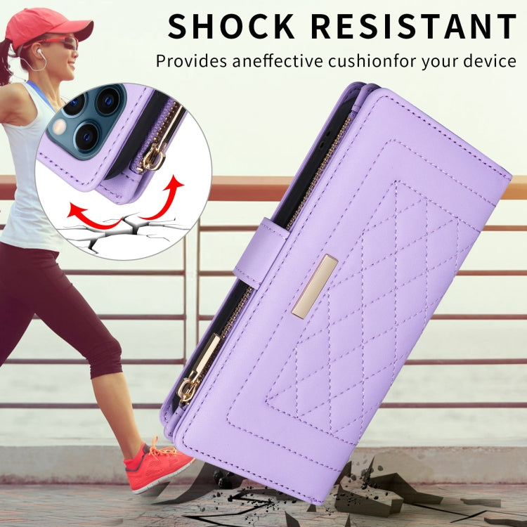 For iPhone 16 Pro Crossbody Zipper Wallet Rhombus Leather Phone Case(Purple) - iPhone 16 Pro Cases by buy2fix | Online Shopping UK | buy2fix