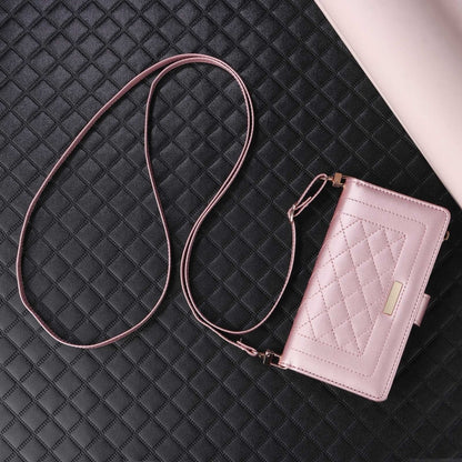 For iPhone 16 Crossbody Zipper Wallet Rhombus Leather Phone Case(Rose Gold) - iPhone 16 Cases by buy2fix | Online Shopping UK | buy2fix