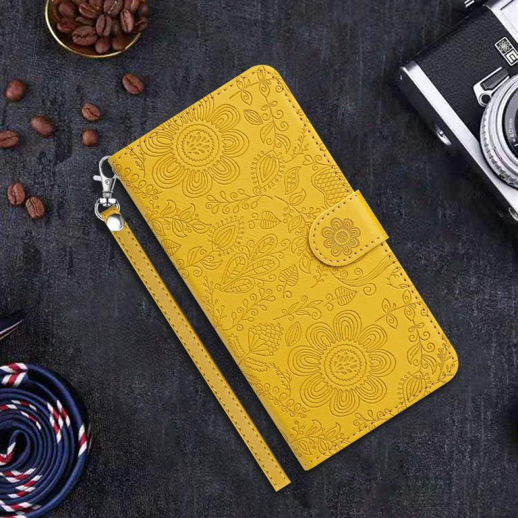 For iPhone 16 Floral Embossed Pattern Leather Phone Case(Yellow) - iPhone 16 Cases by buy2fix | Online Shopping UK | buy2fix