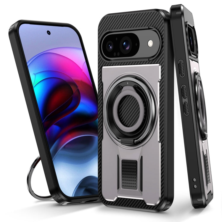 For Google Pixel 9 / 9 Pro Ring Holder Carbon Fiber PC Hybrid TPU Phone Case(Grey) - Google Cases by buy2fix | Online Shopping UK | buy2fix