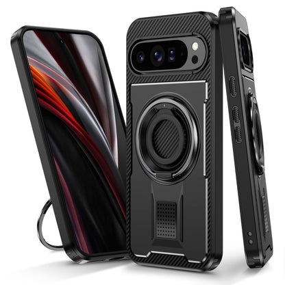 For Google Pixel 9 Pro XL Ring Holder Carbon Fiber PC Hybrid TPU Phone Case(Black) - Google Cases by buy2fix | Online Shopping UK | buy2fix