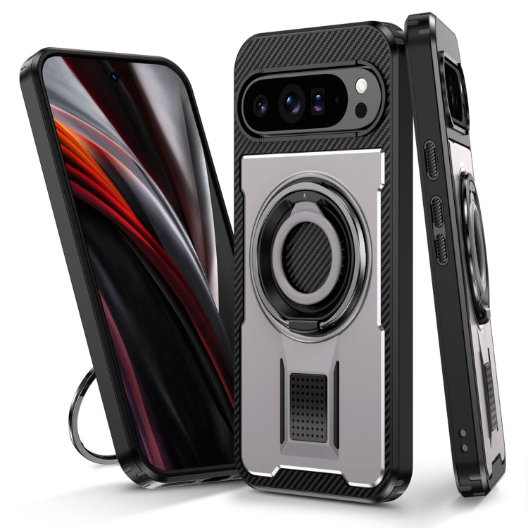 For Google Pixel 9 Pro XL Ring Holder Carbon Fiber PC Hybrid TPU Phone Case(Grey) - Google Cases by buy2fix | Online Shopping UK | buy2fix