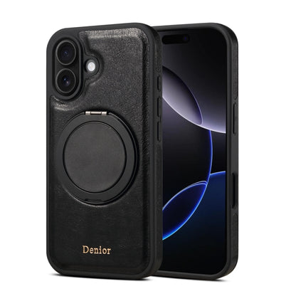 For iPhone 16 Denior A17 Genuine Leather Gear Magnetic Holder Phone Case(Black) - iPhone 16 Cases by Denior | Online Shopping UK | buy2fix