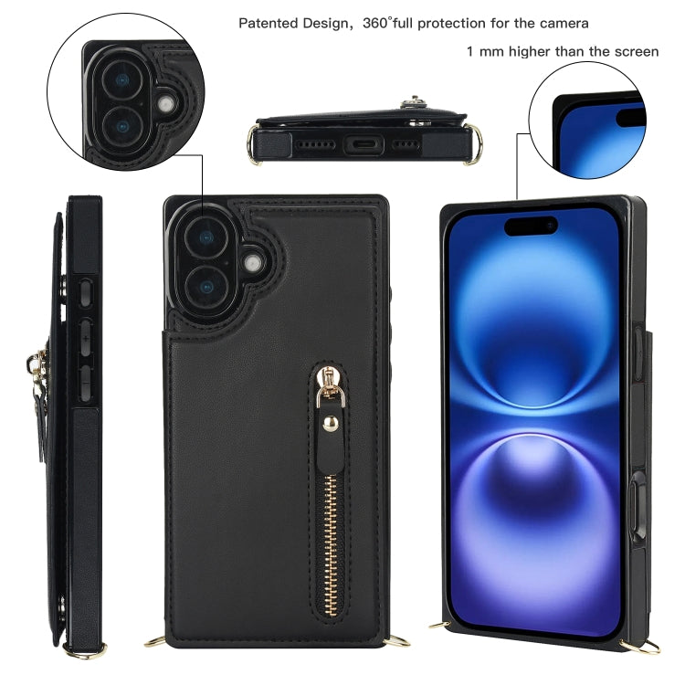 For iPhone 16 Plus Cross-body Zipper Square Phone Case(Black) - iPhone 16 Plus Cases by buy2fix | Online Shopping UK | buy2fix