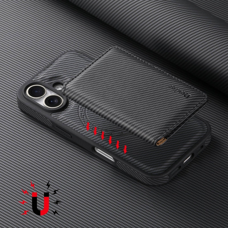 For iPhone 16 Denior Carbon Fiber Texture Leather Card Bag MagSafe Phone Case(Black) - iPhone 16 Cases by Denior | Online Shopping UK | buy2fix