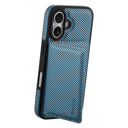 For iPhone 16 Denior Carbon Fiber Texture Leather Card Bag MagSafe Phone Case(Blue) - iPhone 16 Cases by Denior | Online Shopping UK | buy2fix