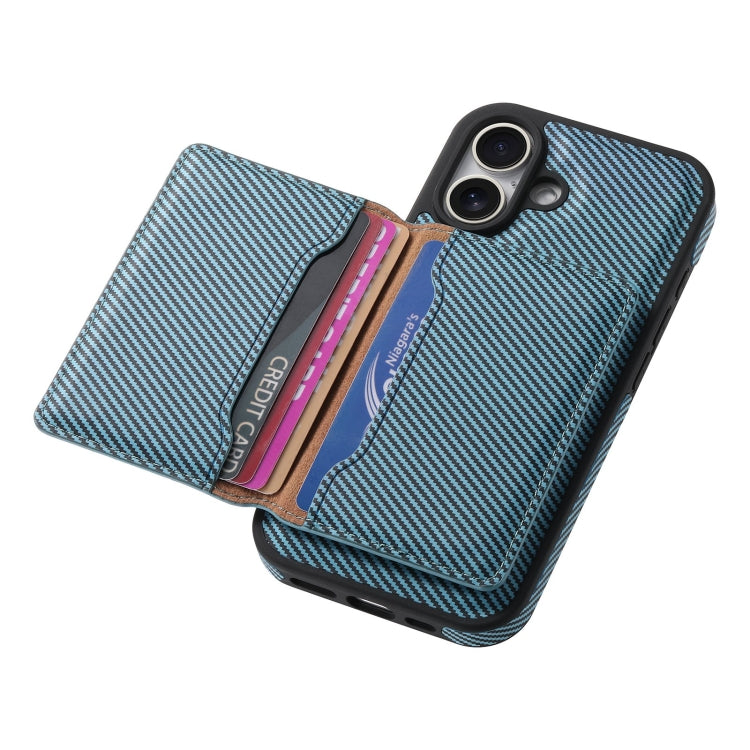 For iPhone 16 Denior Carbon Fiber Texture Leather Card Bag MagSafe Phone Case(Blue) - iPhone 16 Cases by Denior | Online Shopping UK | buy2fix