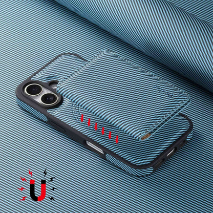 For iPhone 16 Denior Carbon Fiber Texture Leather Card Bag MagSafe Phone Case(Blue) - iPhone 16 Cases by Denior | Online Shopping UK | buy2fix