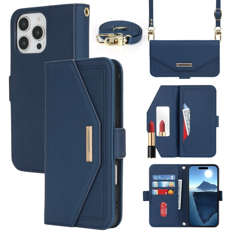 For iPhone 16 Pro Max Cross Texture Crossbody Lanyard Leather Phone Case(Blue) - iPhone 16 Pro Max Cases by buy2fix | Online Shopping UK | buy2fix