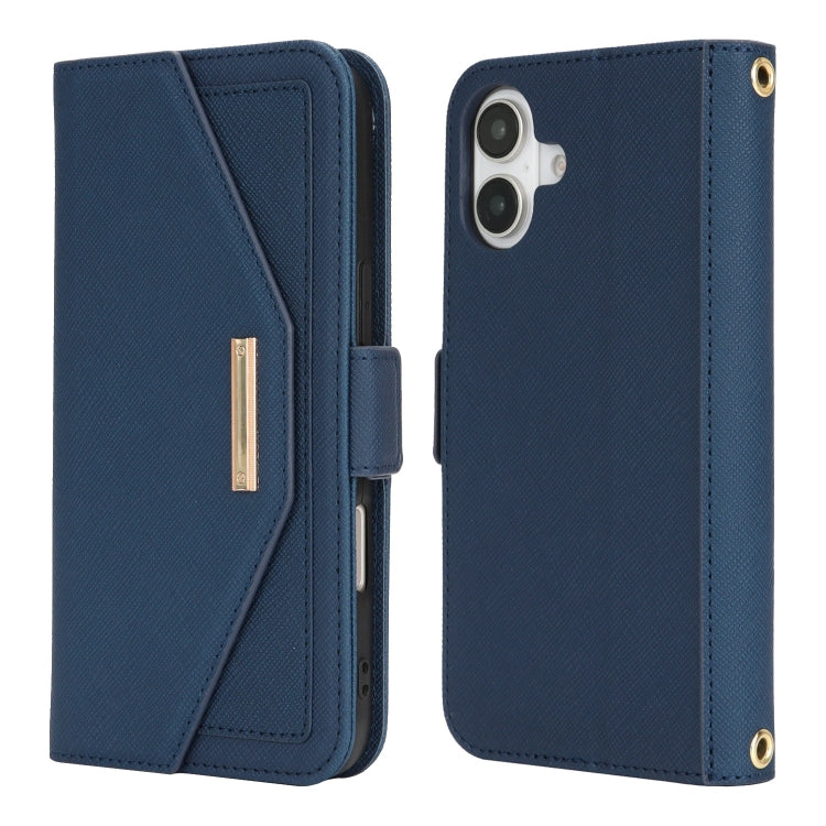 For iPhone 16 Cross Texture Crossbody Lanyard Leather Phone Case(Blue) - iPhone 16 Cases by buy2fix | Online Shopping UK | buy2fix