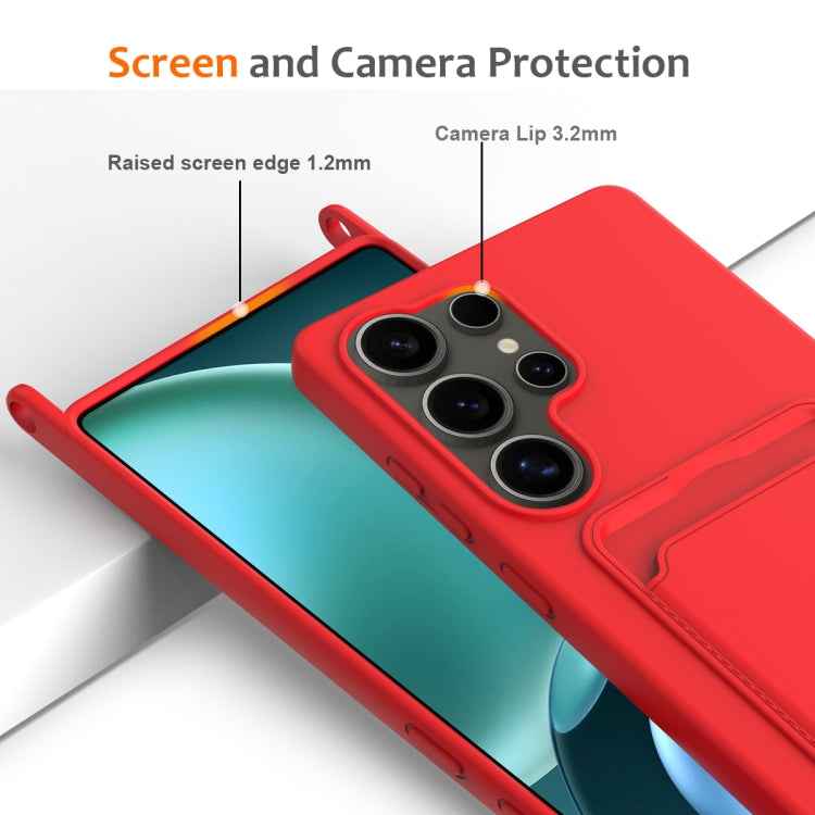 For Samsung Galaxy S25 Ultra 5G Integrated Card Bag Solid Color Liquid Silicone Phone Case with Lanyard(Red) - Galaxy S25 Ultra 5G Cases by buy2fix | Online Shopping UK | buy2fix